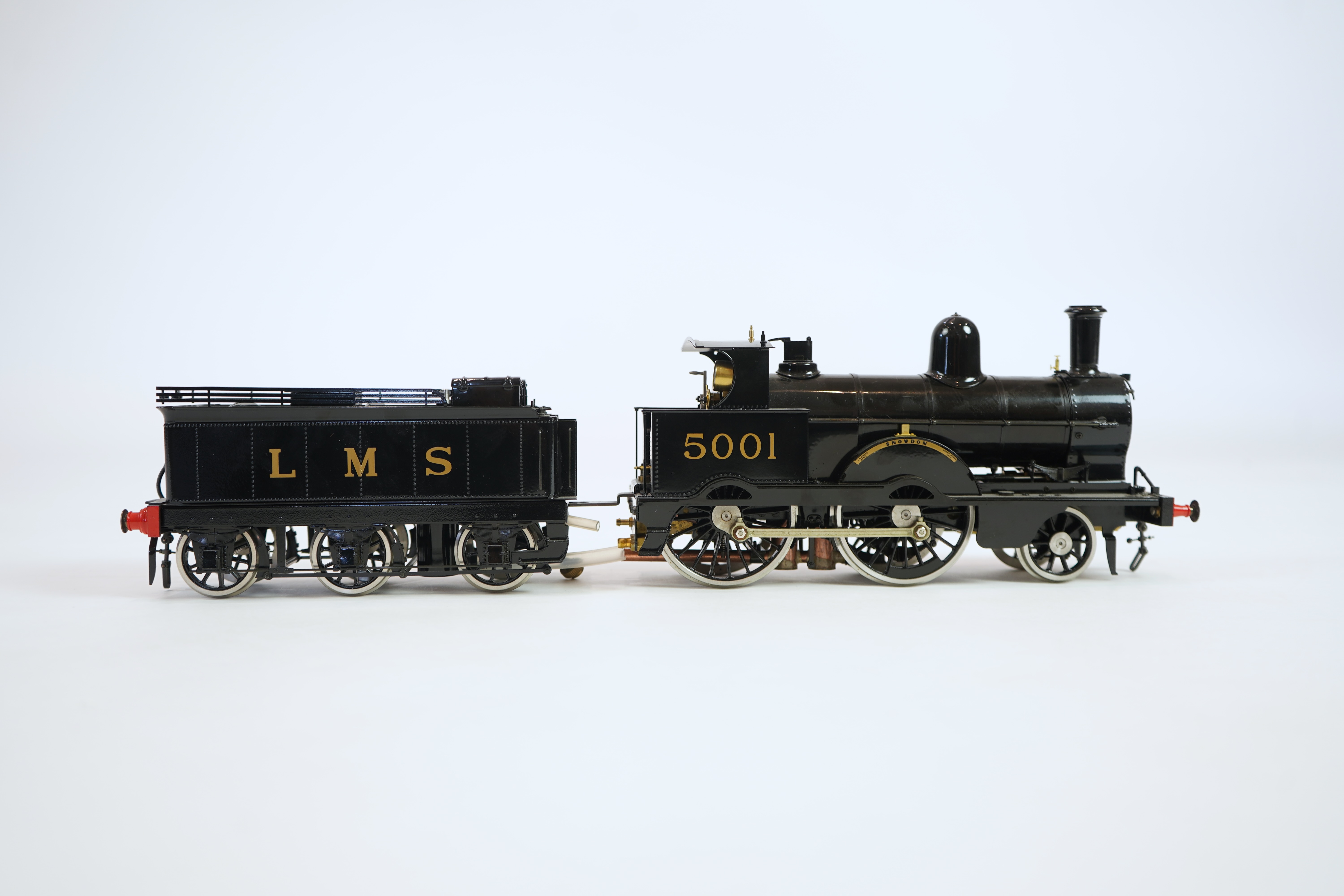 A Gauge One Aster Hobbies live steam LMS Precedent Class, 2-4-0 tender locomotive, in the final unlined black livery as Snowdon 5001, with spirit fired working two cylinder motion.
